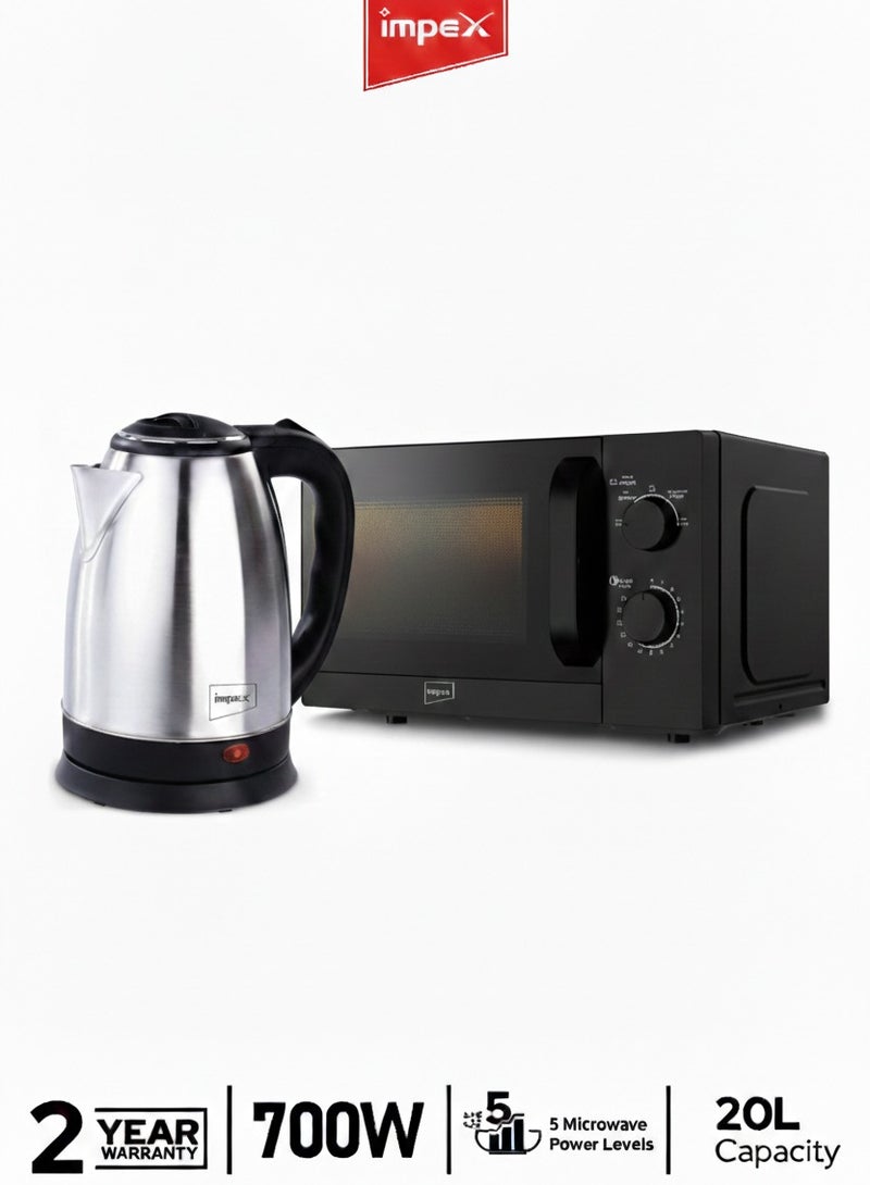 Impex 20L Microwave Oven (MO 8101A) – 700W Power, 5 Cooking Levels with Defrost, 35 Min Timer, 255mm Turntable Glass Tray, Pull Handle, Compact Design, 220-240V 20 L 700 W MO 8101A Black & Stainless Steel Electric Kettle With Triple Thermostat And Heat Resistant Handle 1.8 L 1500 W 1803 Silver Bundle - Image 1